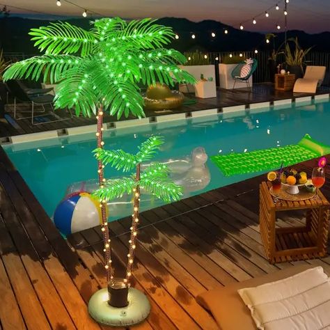 Lighted Palm Tree for Outside Patio Yard Party Pool - On Sale - Bed Bath & Beyond - 37904177 Above Ground Pool Hacks, Palm Tree Lights, Metal Trunk, Pool Hacks, Beach Patio, Pool Life, Yard Party, Outside Patio, Pool Decor