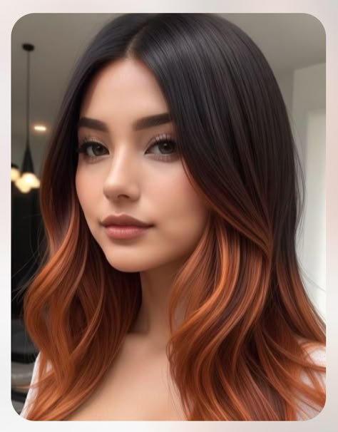 Dark Hair With Orange Underneath, Black And Orange Peekaboo Hair, Orange Tipped Hair, Black Hair Orange Peekaboo, Black Hair With Orange Peekaboo, Dark Hair With Copper Underneath, Copper Peak A Boo Hair, Brown Hair Orange Tips, Orange Peekaboo Hair Dark Brown