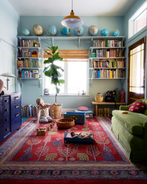 70s Kids Room, Colorful Vintage Nursery, Den Playroom, Vintage Playroom, Boys Room Mural, Playroom Inspiration, Bookshelf Wall, Utah Home, Kids Rooms Inspo