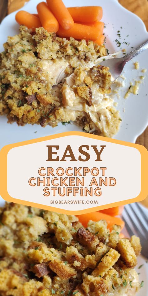 This Slow Cooker Crockpot Chicken and Stuffing recipe reminds me of a meal that my mom would have made when I was growing up! Toss a few easy ingredients into the slow cooker and dinner will be ready without much work at all! This 1980s Slow Cooker Chicken and Stuffing only takes about 5 minutes to toss together! via @bigbearswife Recipes With Chicken Tenderloins Crock Pots, Crock Pot Stove Top Chicken, Fall Supper Ideas Easy Crockpot, Frozen Chicken And Stuffing Crockpot, Chicken Broccoli Crockpot Recipes Easy, Slow Cooker Stove Top Chicken, Crock Pot Chicken And Stuffing Casserole, Chicken Broccoli Stuffing Crockpot, Crockpot Chicken Recipes With Stove Top Dressing