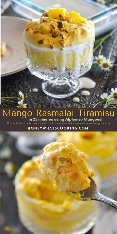 Mango Rasmalai Tiramisu Rasmalai Fusion Desserts, Mango Pulp Recipes Desserts, Rasmalai Trifle, Rasmalai Tiramisu, Rasmalai Mousse, Christmas Curry, Mango Tiramisu Recipe, Mango Rasmalai, Mango Desert