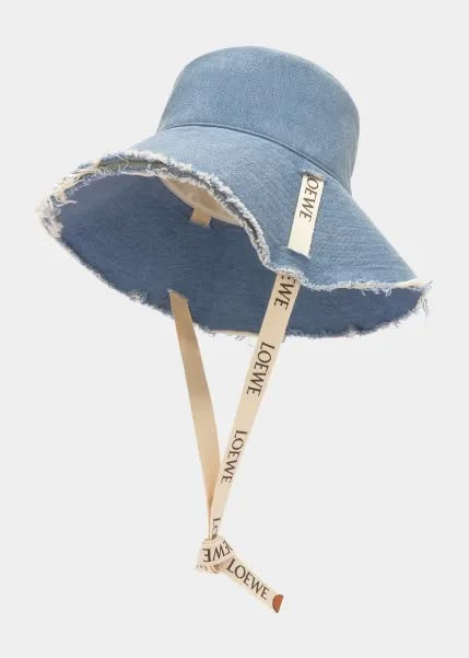 D4961 Loewe Frayed Denim Bucket Hat Loewe Denim, Denim Bucket Hat, Bucket Hat Design, Types Of Hats, Denim Hat, Frayed Denim, Fisherman Hat, Bucket Hats, Summer Hats