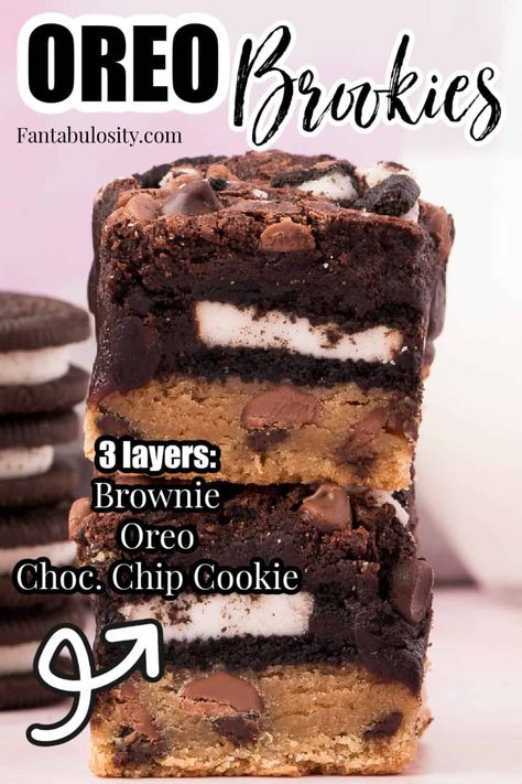 Oreo Brookies, Oreo Rice Crispy Treats, Cookie Dough Oreo Brownies, Brookies Recipe, Oreo Cookie Cake, Brownie Desserts Recipes, Fudgy Brownie, Oreo Brownies, Oreo Recipes