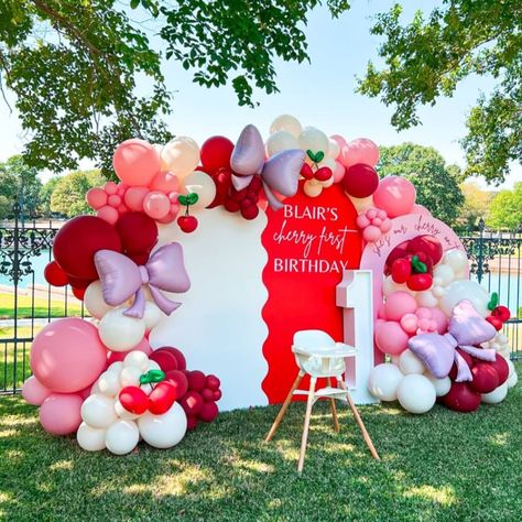 Balloons, bows, and cherries galore! 🍒🎈 Celebrating this little one’s first year with a setup as sweet as she is. She really is the cherry on top!✨🎀 She’s The Cherry On Top Theme, Cherry On Top Birthday Theme, Bow First Birthday, Cherry Birthday Party Theme, Cherry Theme, Birthday Party Theme Ideas, Team Party, Party Setup, Party Theme Ideas