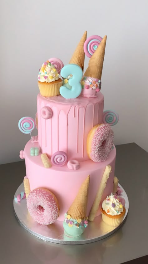 Pastel Candyland Birthday Cake, Candy 3rd Birthday Party, It’s Sweet To Be Three, Cute Two Tier Cakes, Candyland 3rd Birthday Party, Lolly Themed Party, Candyland Birthday Party Activities, 2 Sweet Birthday Cake Ideas, 2sweet Birthday Party