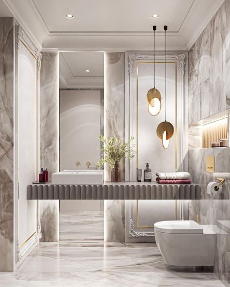 24 Luxury Interior Design Ideas & Home Renovation Tips 2023 Neo Classical Bathroom, Bathroom New Classic, New Classic Bathroom, Bathroom Luxury Design, Classical Bathroom, Toilet Mirror, Classic Bathroom Design, Red Robot, Bathrooms Luxury