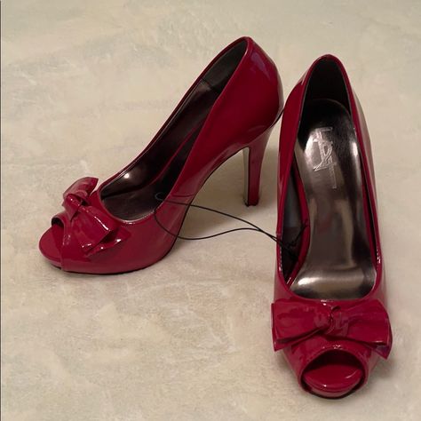 New In Box Shiny Red Peep Toe Heels W/ Bows! Color Is Best Represented In Pic 4. Forgot I Had These And Now They Don’t Fit. Listing As Nwt Because They’re Nib. Modest Goth, 2000s Heels, Dreamy Heels, Red Mary Jane Heels, Red Bow Heels, Pink Stiletto Heels, Outfits Jewelry, Pink Stilettos, Ankle Strap High Heels