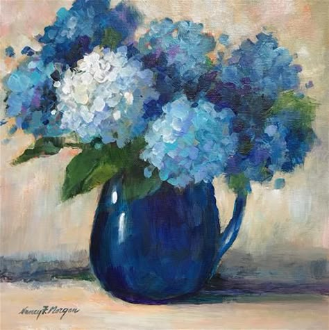 Hydrangea Pastel Art, Painting Hydrangeas Acrylic, Painted Blue Hydrangeas, Hydrangea Art Acrylic, Painting Of Hydrangeas, Acrylic Hydrangea Paintings, Easy Blue Paintings, Blue Flower Painting Acrylic, Hydrangea Painting Easy