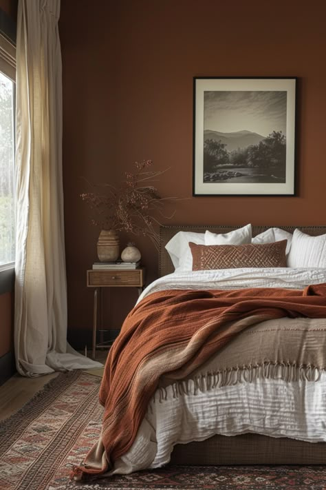 70 Bedroom, Masculine Boho, Terracotta Bedroom, Fall Bedroom Decor, Bedroom Color Combination, Earthy Bedroom, Beige Bedroom, Bedroom Orange, Beautiful Houses Interior