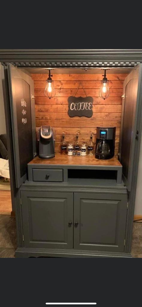 Armoir Coffee Station, Coffee Hutch, Armoire Makeover, Coin Café, Coffee Bar Design, China Hutch, Coffee Bar Home, Furniture Rehab, Home Fireplace