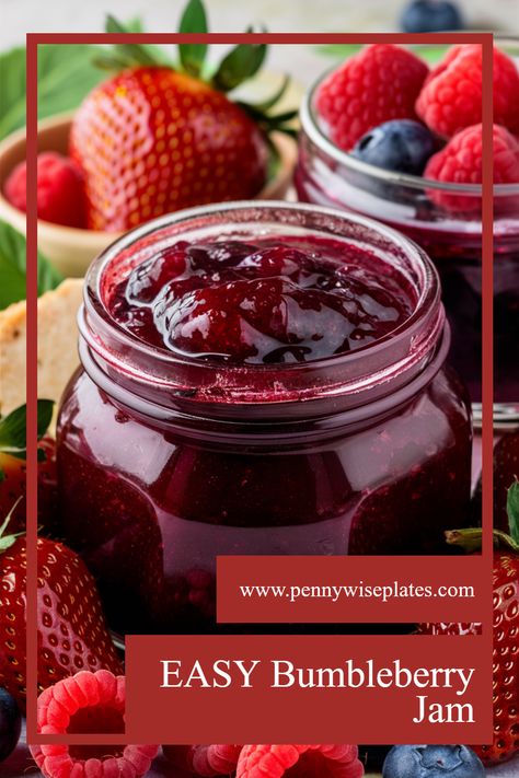 A jar of bumbleberry jam alongside fresh berries used to make the jam, with overlay text that reads "easy bumbleberry jam," highlighting a delicious homemade jam and mixed berry jam recipe. Bumbleberry Jam, Mixed Fruit Jam Recipe, Triple Berry Jam Recipe, Canning Preserves, Fruit Jelly Recipe, Chokecherry Jelly, Berry Jam Recipe, Sour Cherry Jam, Fruit Jam Recipes