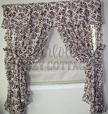 Vintage Earthy Country Floral Priscilla Ruffle Curtain Panel Pair Set 52\