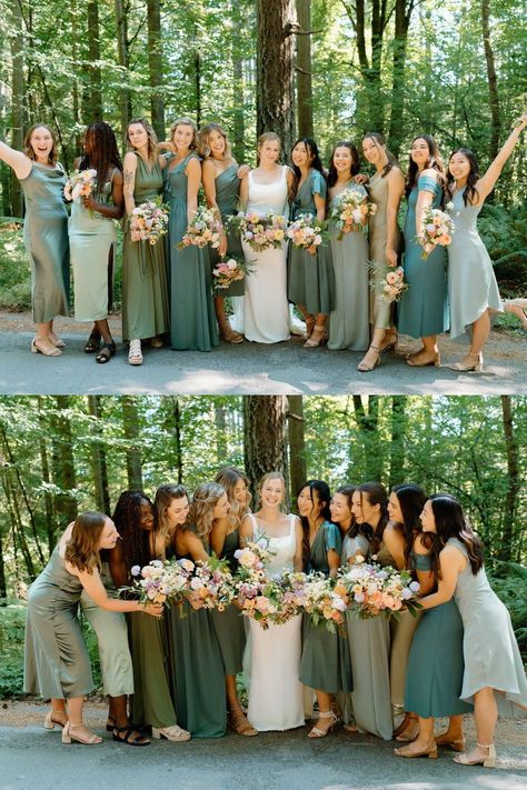 Green Bridesmaids Dresses | Bridesmaid Dresses Styles | Oregon Photographer | I am obsessed with these bridesmaids with mismatched dresses at this outdoor wedding. I love how they are all green but different styles! See olive green bridesmaids dresses mismatched, shades of green bridesmaids dresses, green bridesmaids dresses mismatched, bridesmaid dresses elegant and bridesmaid dresses aesthetic. Book Kendra for your timeless wedding photos or Oregon wedding photography at kendiphotos.com. Two Bridesmaids Only Mismatched, Sage And Olive Bridesmaid Dresses, Green Bridesmaid Dresses Different Shades, Green Shade Bridesmaid Dresses, Outdoorsy Bridesmaid Dresses, Bridesmaid Dresses Different Styles Same Color, Different Shades Of Green Bridal Party, Bridesmaids Dresses Shades Of Green, Green Bridesmaid Mismatched