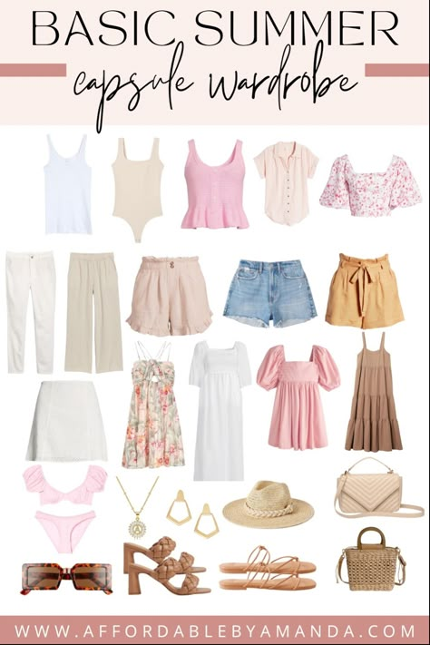 Colorful Capsule Wardrobe Summer, French Summer Style 2023, Summer In Europe Outfits Packing Lists, Summer Staples 2023, Old Money Capsule Wardrobe Summer, Summer Outfits 2023 Women, Cool Summer Outfits Women, Capsule Wardrobe 2023 Summer, Pink Summer Fits