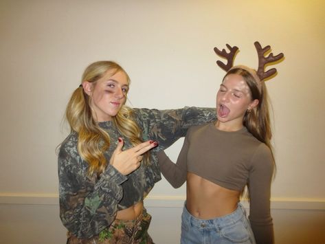 Deer And Hunter Costume Friends, Hunter And Dear Costumes, Deer And Deer Hunter Costume, Deer For Halloween, Halloween Duo Costumes Aesthetic, Hunter Deer Couple Costume, Cute Deer Halloween Costumes, Hunter And Dear Costume, Hunter Halloween Costume Women