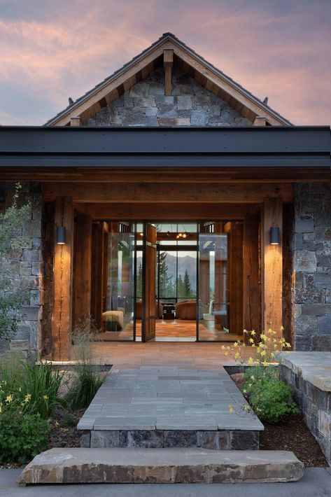 TRAVERTINE RANCH - Locati Architects & Interiors | Bozeman, Big Sky Architects Montana Ranch House, Locati Architects, Timber Entrance, Modern Cabin House, Mountain Modern Home, Montana Ranch, House Front Porch, Montana Homes, Cabinet Door Styles