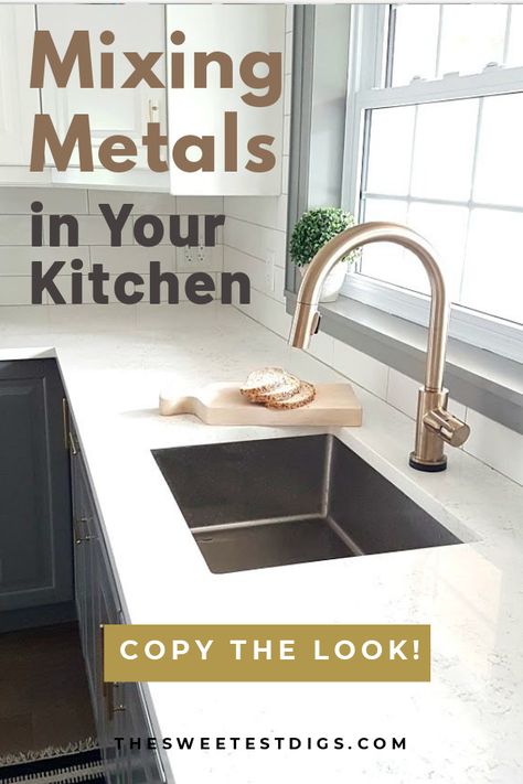 Scared to mix metals in your kitchen?! It can be done! Learn how to, here! #MixingMetals #KitchenDesign #Kitchens Mixed Metals Kitchen Hardware, What Color Faucet With Gold Hardware, Stainless And Gold Kitchen, Kitchen With Black Faucet And Gold Hardware, Mix Metal Kitchen, Stainless Steel With Gold Hardware, Mixed Metal Hardware In Kitchen, Mixed Metal In Kitchen, White Kitchen With Mixed Metals