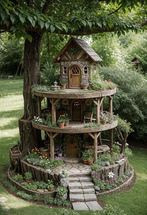 Fairy House Ideas Tree Stump, Fairy Stump House Ideas, Fairy Tree Stump Ideas, Canopy Garden Ideas, Creative Planting Ideas, Eclectic Garden Decor, Themed Garden Ideas, Fairy Garden Diy House, Fairy Backyard Ideas