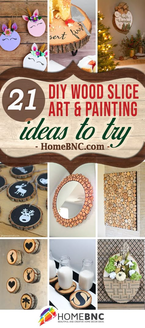 Best DIY Wood Slice Art and Wood Painting Ideas Wood Log Slices Ideas, Wood Slice Wood Burning Ideas, Wooden Tree Slices Ideas, Wood Slice Gift Ideas, Small Wooden Circle Crafts Diy, Slice Of Wood Ideas, Wood Slice Projects Diy, Small Wood Circle Crafts Diy, Wood Slices Projects