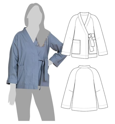 Sew your own workwear-inspired wrap jacket with raglan sleeves using this sewing pattern. The design offers a slightly oversized fit, large patch pockets for added functionality, and a tie closure, making it the perfect addition to your wardrobe. Raglan Jacket Pattern, Sewing Pattern Wrap Top, Raglan Pattern Sewing, Free Kimono Jacket Sewing Pattern, Avant Garde Sewing Pattern, Free Kimono Sewing Pattern, Kimono Outer Pattern, Kimono Top Pattern, Kimono Robe Sewing Pattern