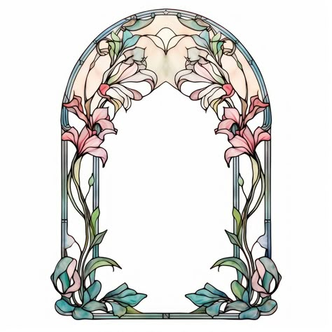 Ornate Frame Illustration, Stained Glass Wedding Arch, Flower Arch Drawing, Stained Glass Art Drawing, Art Noveau Flores, Art Nouveau Stained Glass Window, Stain Glass Drawing, Stain Glass Design, House Banner Design