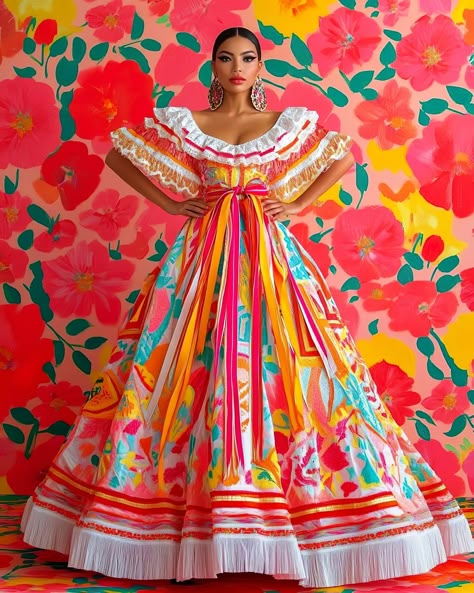 Colorful. Classy. Elegant. #modernmexicanas 🌺💃🇲🇽 Salvadoran Traditional Dress, Latin American Dress, Mexican Fashion Traditional, Guatemala Aesthetic, Mexico Costume, Jalisco Dress, Mexico Sketch, Mexican Clothes, Cultural Outfits