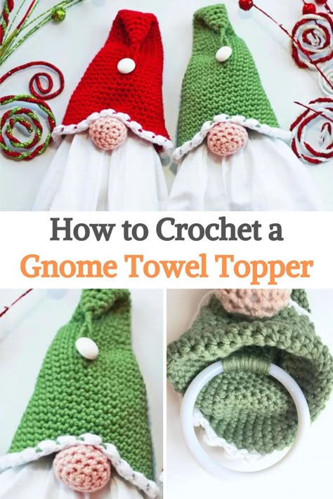 If you love gnomes as much as we do, you'll love how simple, easy, and fun it is to make this gnome towel topper!Perfect for gifts or to decorate your own kitchen/bathroom, this pattern can be made for Christmas or any time of the year, just change a bit the colors.This crochet project is made with cotton thread to define the stitches, but you may like acrylic more as it tends to be much more color-resistant than cotton. Free Crochet Kitchen Towel Topper Patterns, Gnome Towel Hangers, Crochet Gnome Potholder, Crochet Gnome Towel Holder Free Pattern, Gnome Crochet Towel Topper, Gnome Kitchen Towel Holder, Gnome Kitchen Towels, Crochet Gnome Towel Holder, Crochet Gnome Coaster