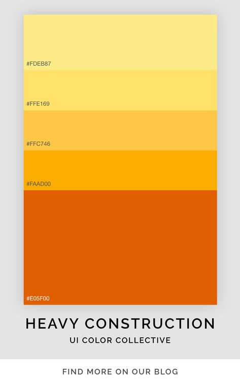 Bright yellow and orange flat ui color palette inspired by machinery on a construction site. Find more on the UI color collective blog. Yellow And Orange Palette, Construction Colour Palette, Construction Color Palette, Maiyan Decor, Orange Yellow Palette, Yellow And Orange Color Palette, Yellow Website Design, Yellow Orange Color Palette, Yellow Branding Design