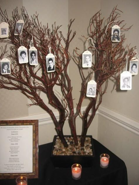 Create a Memory Tree with yearbook photos, and surround the tree with candles.  In a frame, you can list the names of the departed. High School Reunion Planning, 20 Year Class Reunion, 30 Year Reunion, School Reunion Decorations, 50th High School Reunion, High School Reunion Ideas, School Reunion Ideas, Class Reunion Planning, 50th Class Reunion Ideas