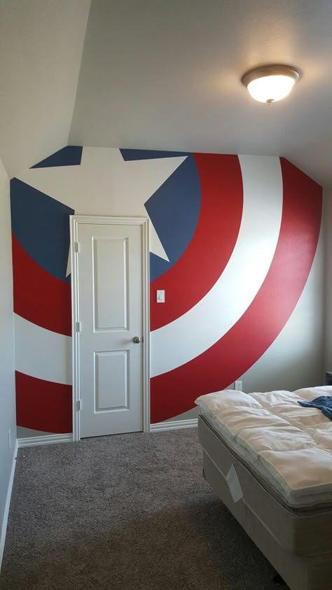 Marvel Adult Bedroom, Avenger Room For Boys, Superhero Accent Wall, Marvel Accent Wall, Marvel Wall Painting, Marvel House Decor, Marvel Playroom, Marvel Game Room, Marvel Room Ideas Boy Bedrooms