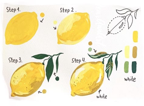 Watercolor Inspo Beginner, Monday Art Illustrations, Watercolor Fruit Step By Step, Watercolor Art Lemon, Easy Beginner Oil Painting, Oil Pastel Fruit Drawings Easy, Guache Fruit Painting, Simple Lemon Painting, Guache Paintings Easy Ideas