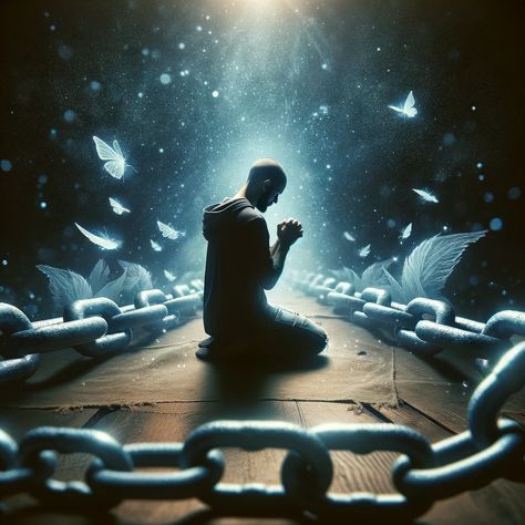 A person kneeling in deep prayer, surrounded by faint, abstract chains representing addiction. The environment is serene and peaceful, with a subtle light in the background symbolizing hope and divine intervention. The scene conveys a sense of inner peace and strength through prayer. High-quality, detailed, and respectful to Bible readers. Person Kneeling, Person Praying, Love In Bible, Healer Quotes, Path To Heaven, Jesus Christ Illustration, Prayer For Strength, Prayer Images, Afrofuturism Art