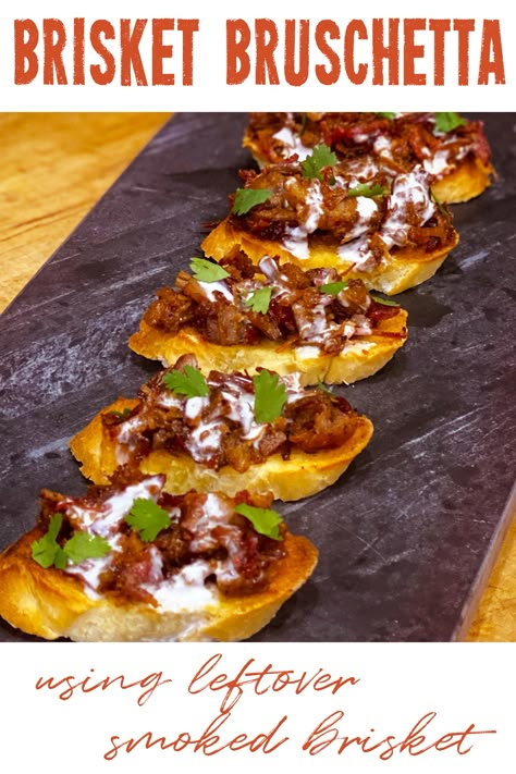 A unique take on the classic bruschetta using leftover brisket. Make it as a striking appetizer or load it up and eat it for a meal. Brisket Appetizer Recipes, Brisket Finger Foods, Beef Brisket Appetizers, Brisket Brunch Ideas, Brisket Bruschetta, Brisket Appetizers, Upscale Bar Food, Brisket Appetizer Ideas, Leftover Brisket Ideas