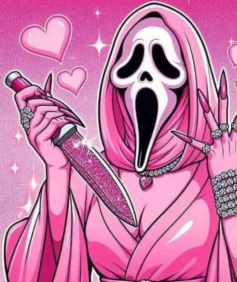 Pink Pfp Baddie, Bratz Mood Wallpaper, Female Ghostface Art, Pink Tiktok Pfp, Creepy Pink Aesthetic Wallpaper, Pink Art Aesthetic Drawing, Pink Horror Wallpaper, Pink Ghostface Wallpaper, Fem Ghostface