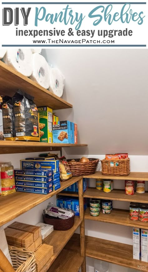 Shelves In Small Pantry, Canning Closet Under Stairs, Diy Under Stairs Pantry, Under Stairs Closet Pantry Ideas, Diy Pantry Shelves Under Stairs, Cheap Pantry Shelves, Pantry Shelving Ideas Small Closet Under Stairs, Small Pantry Design Ideas Under Stairs, Pantry Organization Under Stairs