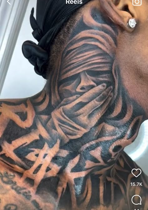 Family Neck Tattoo, Front Of The Neck Tattoos, Whole Neck Tattoo, Neck Tattoos For Black Men, Unique Neck Tattoos For Men, Eyebrow Tattoo Men, Joker Neck Tattoo, Black Men Neck Tattoo Ideas, Hood Hand Tattoos