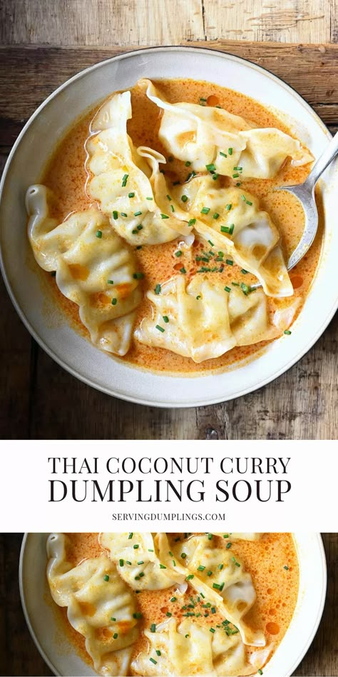 Coconut Wonton Soup, Wontons In Curry Broth, Thai Coconut Curry Dumpling Soup, Thai Potsticker Soup, Soup Recipes Dumpling, Coconut Curry Wonton Soup, Thai Coconut Potsticker Soup, Thai Curry Dumpling Soup, Dumpling Curry Soup