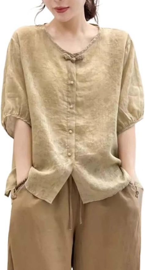 Summer Hanfu Cotton-Ramie Casual Loose Blouse 3/4 Sleeve V Neckline Chinese Traditional Clothes with Chinese Frog Button Tops A5 - XL Multicolor at Amazon Women’s Clothing store Cotton Tops For Jeans, Linen Outfits, Rakhi Design, Ladies Top, Tops Casual, Chinese Clothing, Loose Blouse, Traditional Clothes, Chinese Traditional