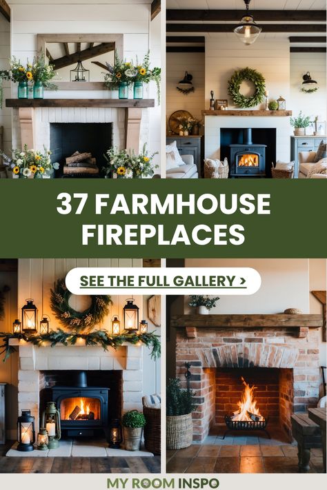 This pin features 4 beautiful farmhouse fireplace styles focused on cozy and rustic designs. Perfect for homeowners looking to enhance their living space with warm and inviting decors. Painted Fireplace Mantels Farmhouse, Mantle Decor Under Tv Farmhouse, Fireplace Bench Decor Ideas, Fireplace Mantle Decor Greenery, Decorating Large Fireplace Mantels, Stone Fireplace Family Room, Wooden Fireplace Wall, Fireplace Base Decor, Deep Fireplace Mantle