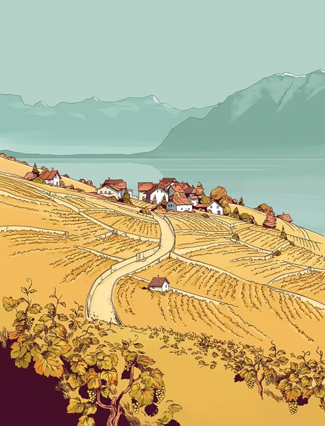 Le Guillon on Behance Nature Concept Design, Village Illustration Art, Small Town Concept Art, Illustrated Backgrounds, Peaceful Illustration, Scenery Sketch, Place Drawing, Village Illustration, Places To Draw