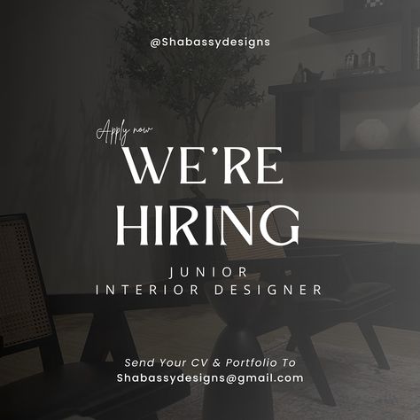 WE’RE HIRING Junior interior designer (1 - 2 Years of experience) Location: Alexandria Send your CV & Portfolio to Shabassydesigns@gmail.com Interior Design Cv, It Cv, Cv Ideas, Cv Portfolio, Design Cv, Cv Design, We're Hiring, Interior Design Ideas, Interior Designer