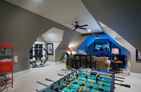 Attic Game Room, Bonus Room Decorating, Bonus Room Bedroom, Bonus Room Design, Room Above Garage, Bonus Room Ideas, Theater Room Design, Hangout Room, Garage Room