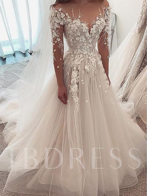 Long Sleeves Flowers Beading Wedding Dress 2019 - Tbdress.com Camouflage Wedding Dresses, Blue Wedding Guest Dresses, Camouflage Wedding, Tulle Wedding Dresses, Poncho Dress, Lace Applique Wedding Dress, Wedding Dresses 2024, Lace Wedding Gown, Applique Wedding