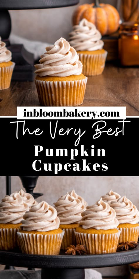 This recipe is for moist and fluffy pumpkin cupcakes with cream cheese frosting. Flavored with the perfect amount of pumpkin pie spice, they're the perfect fall treat for every pumpkin spice lover! The Best Pumpkin Cupcakes, Moist Pumpkin Spice Cupcakes, Pumpkin Flavored Cupcakes, Pumpkin Bar Cupcakes, Cream Cheese Filled Pumpkin Cupcakes, Orange Cupcake Recipes, Best Pumpkin Cupcake Recipe, Pumpkin Cupcakes With Brown Butter Icing, Cupcake Recipes Pumpkin