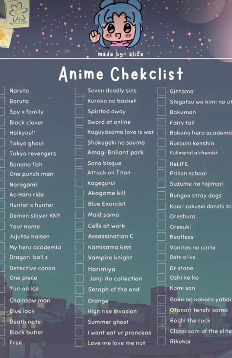 watch unchecked animes from this list Websites To Watch Anime, Anime Checklist, Anime Watch List, Anime Watchlist, Alice Anime, Anime Recs, Bahasa Jepun, Materi Bahasa Jepang, Anime Sites