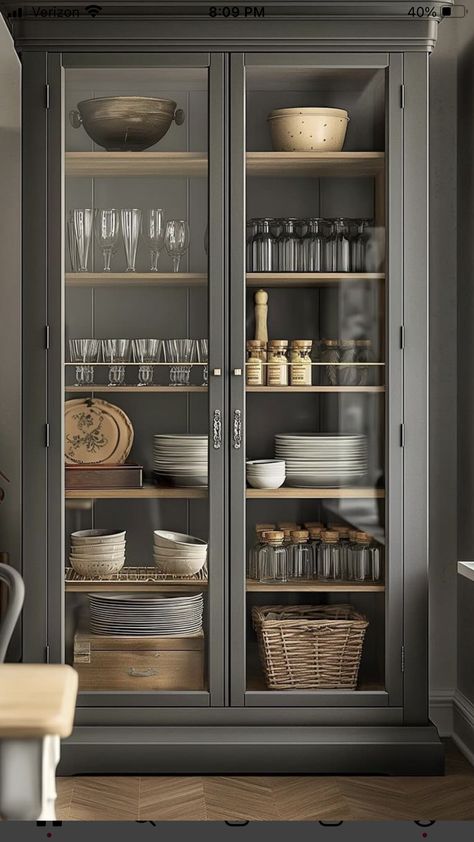 Storage Room For Kitchen, Kitchen Display Cabinet Modern, Glass Window Kitchen Cabinets, Glass Cabinets Display Kitchen Cupboards, Wine Glass Storage Ideas, Kitchen Glass Cabinets Display Ideas, Holiday House Plans, Kitchen Almirah, In Wall Shelf