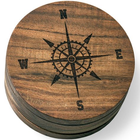 PRICES MAY VARY. 3.5 inch round coaster Engraved Design Solid Acacia Wood Engraved and Shipped in Louisville Satisfaction Guaranteed - Free Returns 3.5 inch handmade round coaster made of solid acacia wood. Engraved design. Coasters come in a set of 4. Wood Burned Gifts, Rose Drink, Coasters Wood, Drink Coaster Design, Beach Coasters, Engraved Coasters, Nautical Compass, Bar Coasters, Laser Engraved Ideas