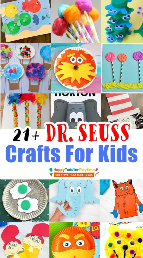 Fabulous Dr. Seuss Crafts for Dr. Seuss Week for Kids - Happy Toddler Playtime Dr. Seuss Crafts, Dr Seuss Preschool Activities, Dr Seuss Art, Dr Seuss Preschool, Dr Seuss Classroom, Dr Seuss Activities, Dr Seuss Crafts, Seuss Classroom, Seuss Crafts