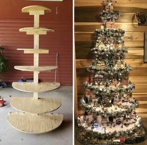 Village Display Ideas, Diy Christmas Village Displays, Christmas Tree Village Display, White Christmas Tree Ideas, Christmas Tree Village, Diy Christmas Village, Diy Christmas Tree Topper, Flocked Christmas Trees Decorated, Minimalist Christmas Tree