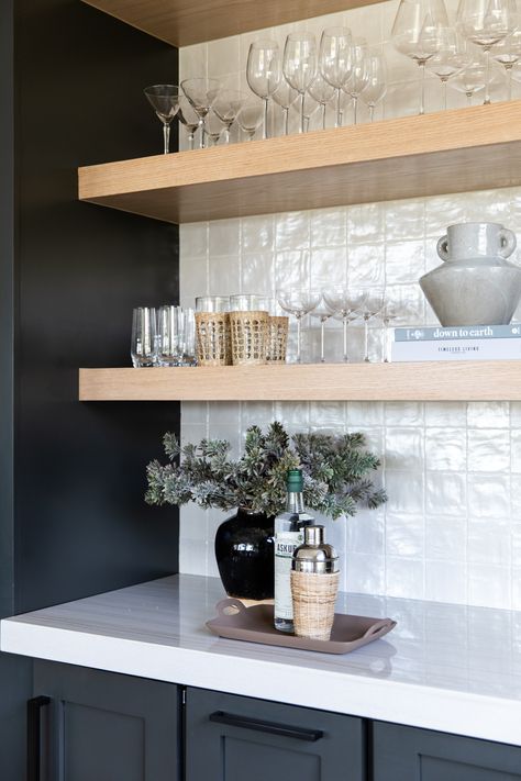 Open Shelves Kitchen Wine Glasses, Open Shelving Glassware, Glasses On Floating Shelves, Wet Bar Decorating Ideas, Home Bar Shelf Decor, Basement Kitchen Open Shelving, Kitchen Shelves Styling Ideas, Glass Shelf Bar Open Shelving, Decorating Bar Shelves